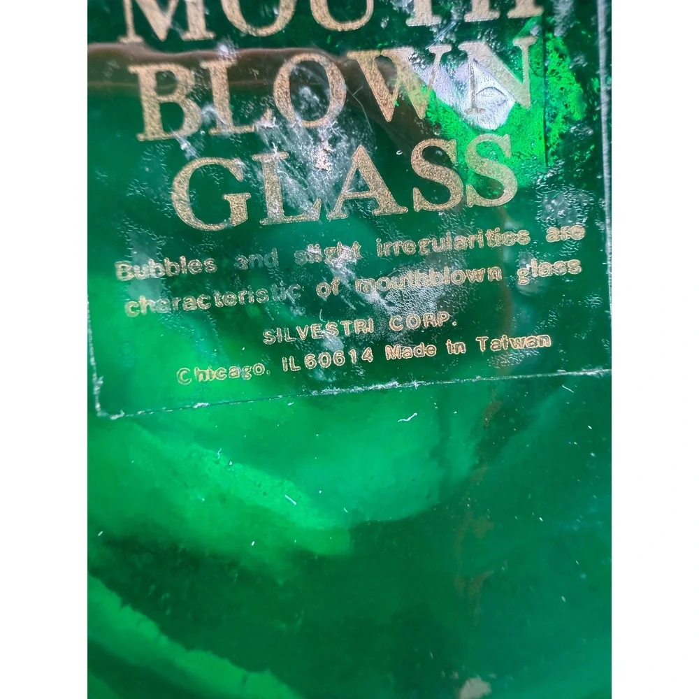 Silvestri Mouth Blown Glass Globe Vase Emerald Green Etched World Map Round 6in